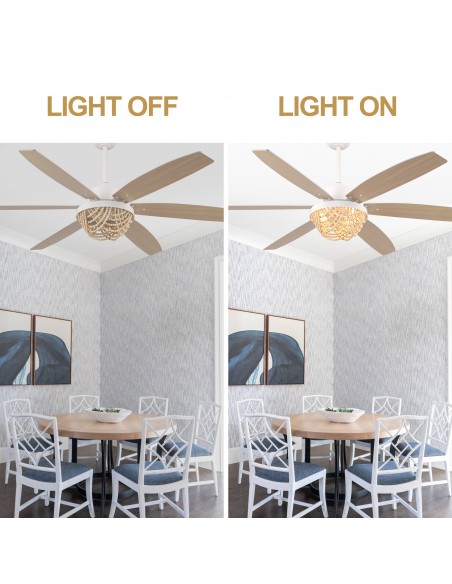 Oaks Aura 65” Boho Wood Bead Ceiling Fan with Light and Remote Control, 6-Speed Quiet DC Motor for Living Room, Bedroom