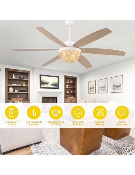 Oaks Aura 65” Boho Wood Bead Ceiling Fan with Light and Remote Control, 6-Speed Quiet DC Motor for Living Room, Bedroom