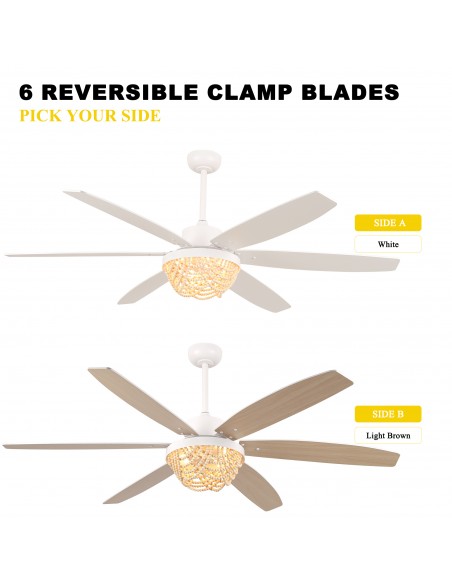 Oaks Aura 65” Boho Wood Bead Ceiling Fan with Light and Remote Control, 6-Speed Quiet DC Motor for Living Room, Bedroom