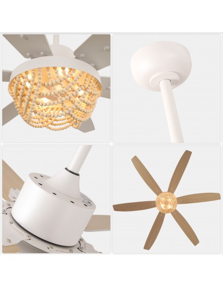 Oaks Aura 65” Boho Wood Bead Ceiling Fan with Light and Remote Control, 6-Speed Quiet DC Motor for Living Room, Bedroom