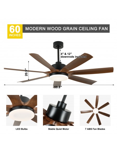 Oaks Aura 60" Black Ceiling Fan with LED Light and Remote, 3-Color Temperature, 6-Speed Quiet DC Motor