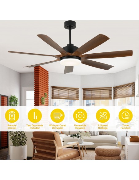 Oaks Aura 60" Black Ceiling Fan with LED Light and Remote, 3-Color Temperature, 6-Speed Quiet DC Motor