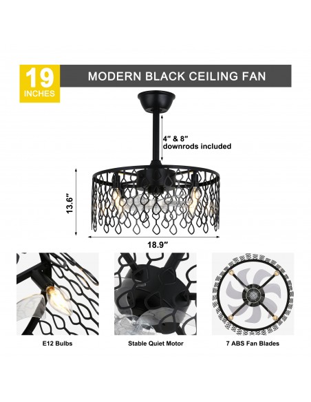 Oaks Aura 20” Black Drum Ceiling Fan with Light and Remote Control, Quiet DC Motor for Bedroom