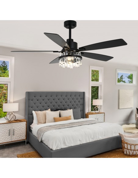 Oaks Aura 52” Black Crystal Ceiling Fan with Light and Remote Control, Quiet DC Motor, 6-Speed for Living Room, Bedroom