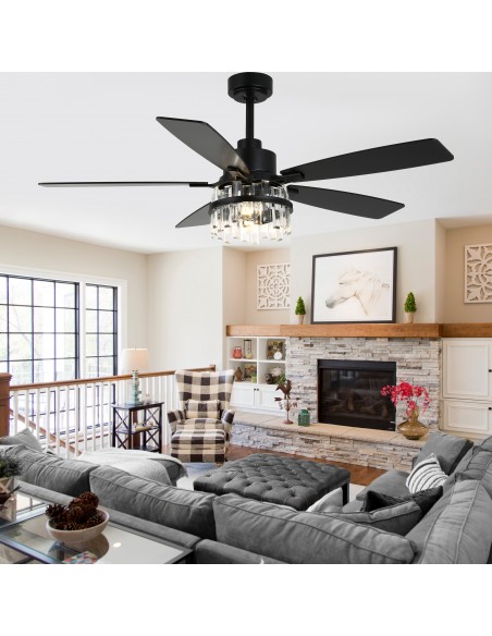 Oaks Aura 52” Black Crystal Ceiling Fan with Light and Remote Control, Quiet DC Motor, 6-Speed for Living Room, Bedroom