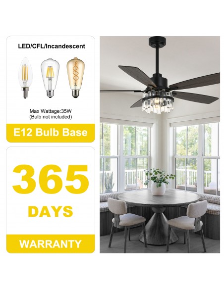 Oaks Aura 52” Black Crystal Ceiling Fan with Light and Remote Control, Quiet DC Motor, 6-Speed for Living Room, Bedroom