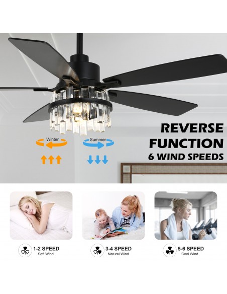 Oaks Aura 52” Black Crystal Ceiling Fan with Light and Remote Control, Quiet DC Motor, 6-Speed for Living Room, Bedroom