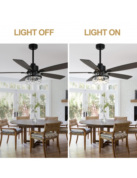 Oaks Aura 52” Black Crystal Ceiling Fan with Light and Remote Control, Quiet DC Motor, 6-Speed for Living Room, Bedroom