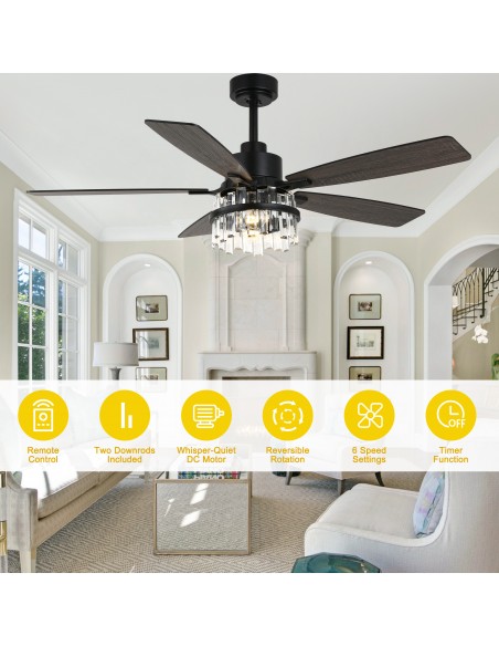 Oaks Aura 52” Black Crystal Ceiling Fan with Light and Remote Control, Quiet DC Motor, 6-Speed for Living Room, Bedroom