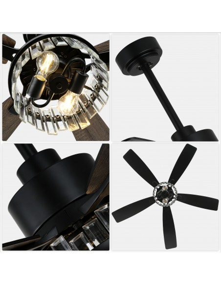 Oaks Aura 52” Black Crystal Ceiling Fan with Light and Remote Control, Quiet DC Motor, 6-Speed for Living Room, Bedroom