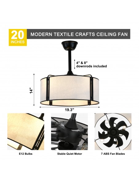 Oaks Aura 20” Fabric Drum Ceiling Fan with Light and Remote Control, Quiet DC Motor, 6-Speed for Bedroom, dining room