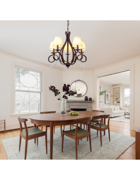 Oaks Aura 28" 5-Light Vintage Crystal Chandelier with Fabric Shades, Farmhouse Pendant Light for Living Room, Dining Room