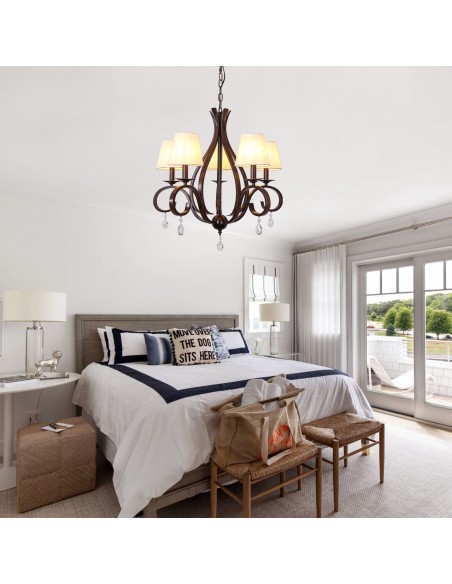 Oaks Aura 28" 5-Light Vintage Crystal Chandelier with Fabric Shades, Farmhouse Pendant Light for Living Room, Dining Room