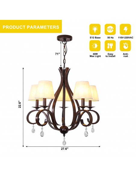 Oaks Aura 28" 5-Light Vintage Crystal Chandelier with Fabric Shades, Farmhouse Pendant Light for Living Room, Dining Room