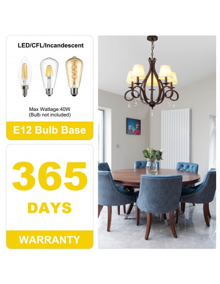 Oaks Aura 28" 5-Light Vintage Crystal Chandelier with Fabric Shades, Farmhouse Pendant Light for Living Room, Dining Room