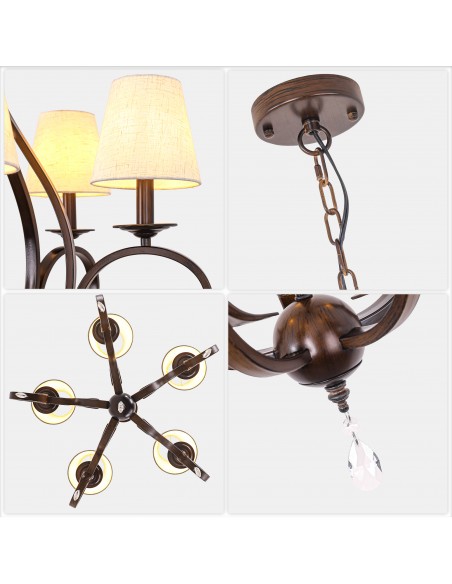 Oaks Aura 28" 5-Light Vintage Crystal Chandelier with Fabric Shades, Farmhouse Pendant Light for Living Room, Dining Room