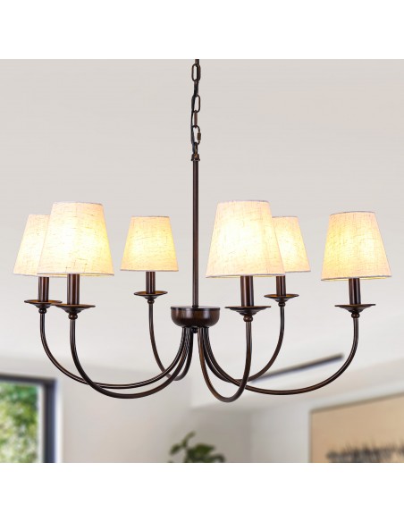 Oaks Aura 30" 6-Light Farmhouse Black Chandelier with Fabric Shades, Adjustable Chain Pendant Light for  Living Room