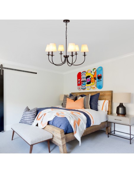 Oaks Aura 30" 6-Light Farmhouse Black Chandelier with Fabric Shades, Adjustable Chain Pendant Light for  Living Room