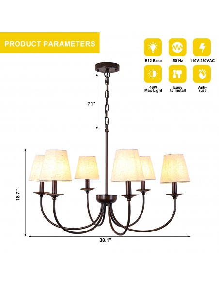 Oaks Aura 30" 6-Light Farmhouse Black Chandelier with Fabric Shades, Adjustable Chain Pendant Light for  Living Room