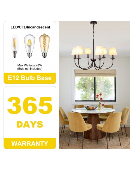 Oaks Aura 30" 6-Light Farmhouse Black Chandelier with Fabric Shades, Adjustable Chain Pendant Light for  Living Room