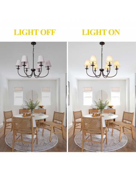 Oaks Aura 30" 6-Light Farmhouse Black Chandelier with Fabric Shades, Adjustable Chain Pendant Light for  Living Room