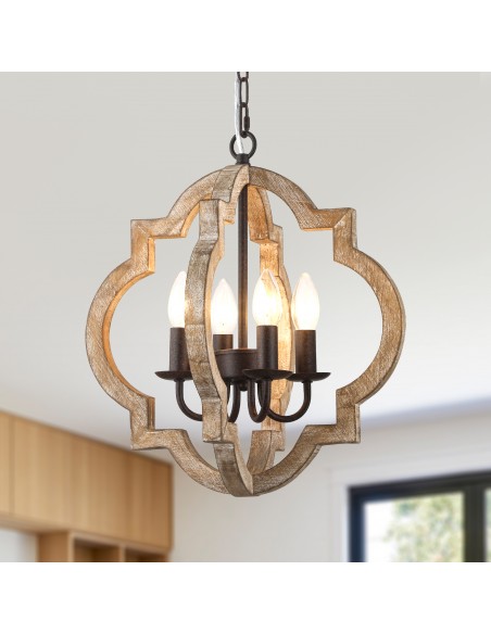 Oaks Aura 16 Inch 4-Light Lantern Farmhouse Wood Chandelier, Vintage Rustic Pendant Light for Living Room, Hallway