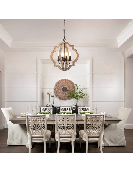 Oaks Aura 16 Inch 4-Light Lantern Farmhouse Wood Chandelier, Vintage Rustic Pendant Light for Living Room, Hallway