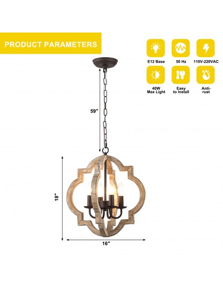 Oaks Aura 16 Inch 4-Light Lantern Farmhouse Wood Chandelier, Vintage Rustic Pendant Light for Living Room, Hallway