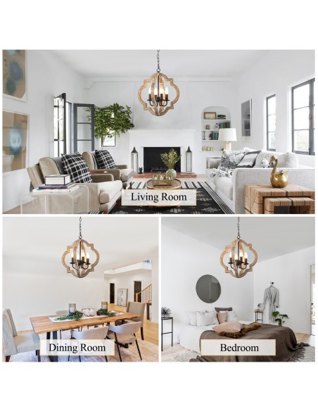 Oaks Aura 16 Inch 4-Light Lantern Farmhouse Wood Chandelier, Vintage Rustic Pendant Light for Living Room, Hallway