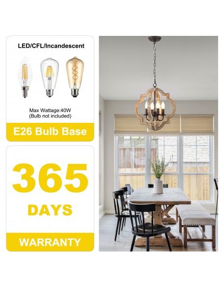 Oaks Aura 16 Inch 4-Light Lantern Farmhouse Wood Chandelier, Vintage Rustic Pendant Light for Living Room, Hallway