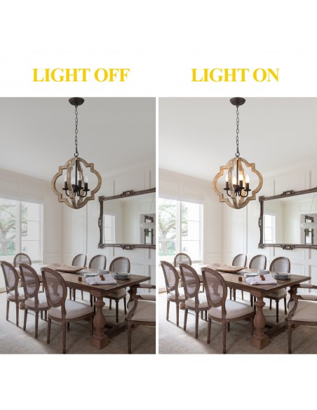 Oaks Aura 16 Inch 4-Light Lantern Farmhouse Wood Chandelier, Vintage Rustic Pendant Light for Living Room, Hallway