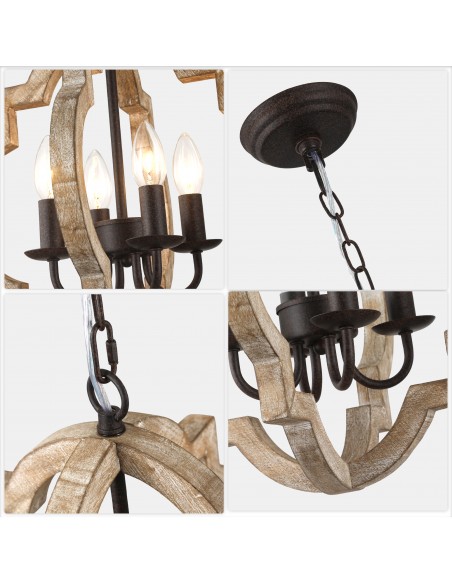 Oaks Aura 16 Inch 4-Light Lantern Farmhouse Wood Chandelier, Vintage Rustic Pendant Light for Living Room, Hallway