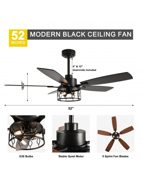 Oaks Aura 52” Modern Ceiling Fan with Light and Remote, 6-Speed Quiet DC Motor
