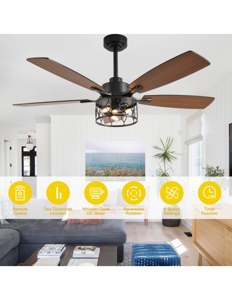 Oaks Aura 52” Modern Ceiling Fan with Light and Remote, 6-Speed Quiet DC Motor