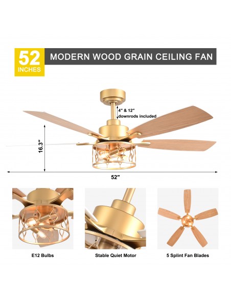 Oaks Aura 52” Modern Ceiling Fan with Light and Remote, 6-Speed Quiet DC Motor