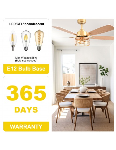 Oaks Aura 52” Modern Ceiling Fan with Light and Remote, 6-Speed Quiet DC Motor