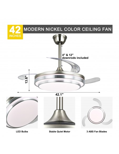 Oaks Aura 42-Inch LED Ceiling Fan 6-Speed Latest DC Motor Retractable Chandelier