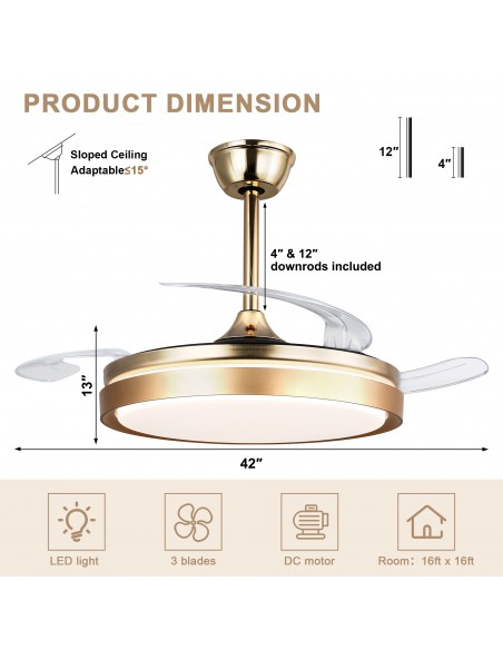 Oaks Aura 42-Inch LED Ceiling Fan 6-Speed Latest DC Motor Retractable Chandelier