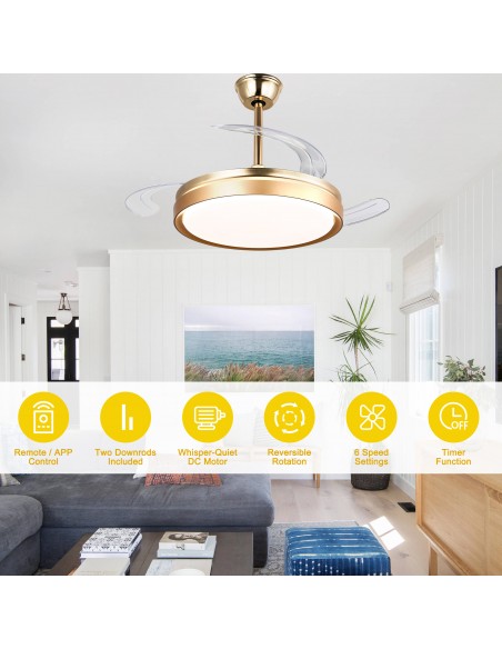 Oaks Aura 42-Inch LED Ceiling Fan 6-Speed Latest DC Motor Retractable Chandelier