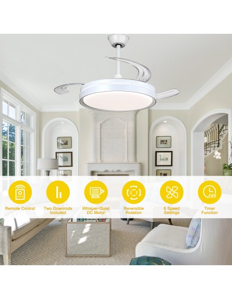 Oaks Aura 42-Inch LED Ceiling Fan 6-Speed Latest DC Motor Retractable Chandelier