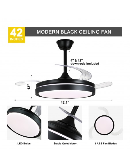 Oaks Aura 42-Inch LED Ceiling Fan 6-Speed Latest DC Motor Retractable Chandelier