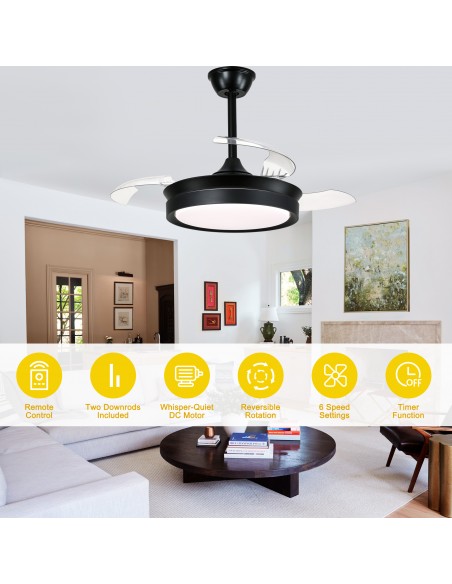 Oaks Aura 36Inch LED Ceiling Fan 6-Speed Latest DC Motor Retractable Chandelier