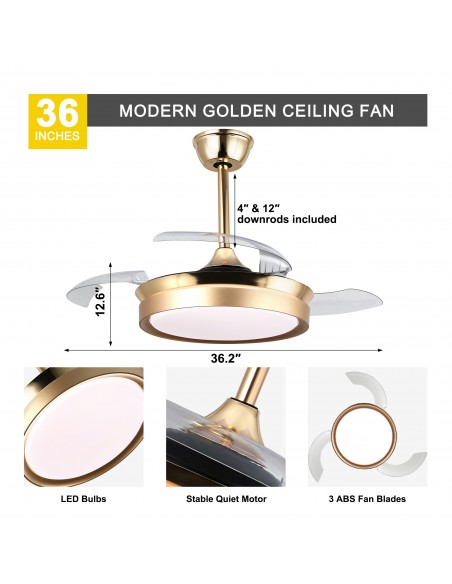 Oaks Aura 36Inch LED Ceiling Fan 6-Speed Latest DC Motor Retractable Chandelier