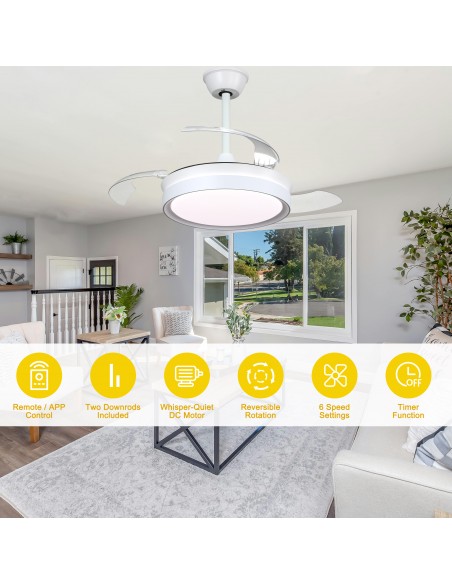 Oaks Aura 36Inch LED Ceiling Fan 6-Speed Latest DC Motor Retractable Chandelier