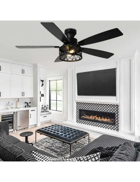 Oaks Aura 52" Black Flush Mount Ceiling Fan Light with Remote Control, Drum Style, 6-Speed Settings for Living Room