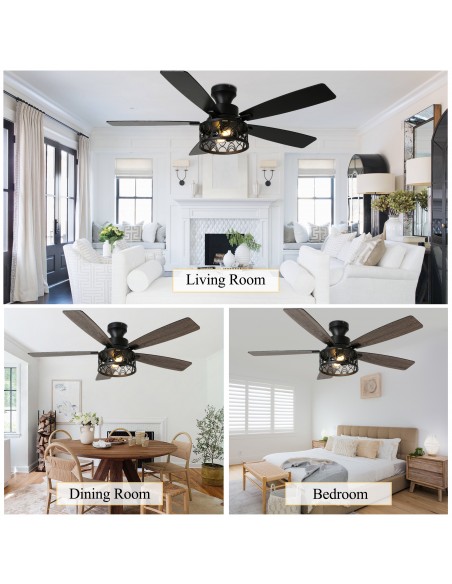 Oaks Aura 52" Black Flush Mount Ceiling Fan Light with Remote Control, Drum Style, 6-Speed Settings for Living Room