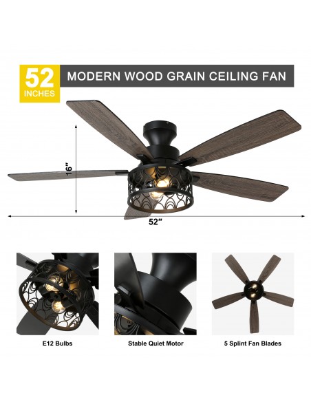 Oaks Aura 52" Black Flush Mount Ceiling Fan Light with Remote Control, Drum Style, 6-Speed Settings for Living Room