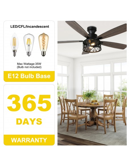 Oaks Aura 52" Black Flush Mount Ceiling Fan Light with Remote Control, Drum Style, 6-Speed Settings for Living Room