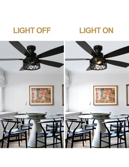 Oaks Aura 52" Black Flush Mount Ceiling Fan Light with Remote Control, Drum Style, 6-Speed Settings for Living Room