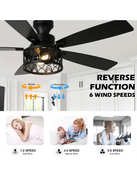 Oaks Aura 52" Black Flush Mount Ceiling Fan Light with Remote Control, Drum Style, 6-Speed Settings for Living Room